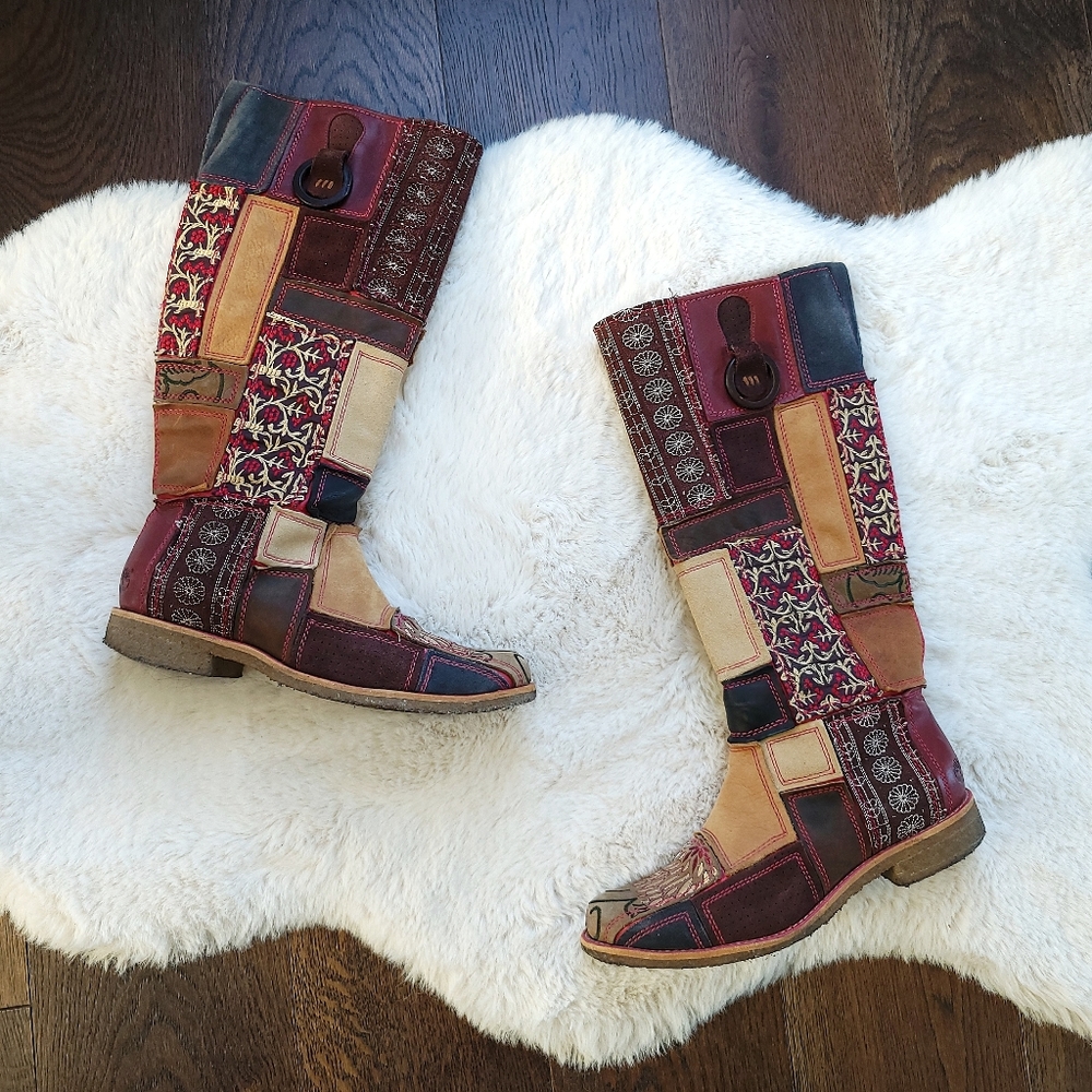 Timberland Limited Edition Patchwork Floral Embroidered Leather Tall Boots